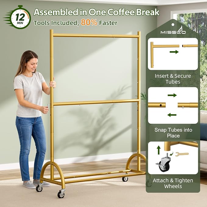 MISSLO Heavy Duty Clothing Racks for Hanging Clothes Double Rod Rolling Gold Clothes Rack with Wheels for Coats, Garment Closet Storage, Gold