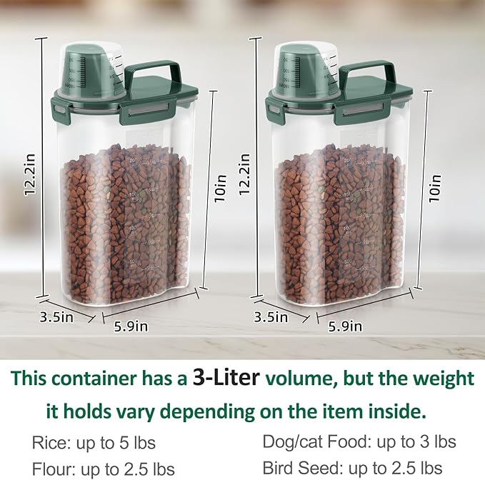 2 Pack 3 Lbs Pet Dog Cat Food Storage Containers for Travel - Pine Green | Airtight Bird Seed Storage Container, 5 Lbs Rice Dispenser Flour Holder for Cereal Oatmeal Pour Spout Measuring Cup Handle
