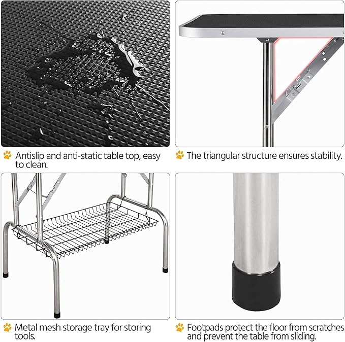 Pet Dog Grooming Table, Adjustable Large Heavy Duty Professional Foldable Trimming Stage with Arms, Noose, Mesh Tray, Maximum Capacity Up to 330LBS, 42''/Black