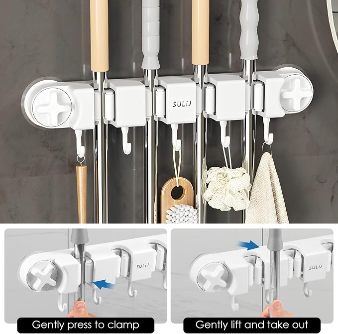 Broom Holder Wall Mount Sturdy Mop and Broom Organizer with 4 Racks and 5 Hooks Vacuum Suction Cup Broom Mop Holder for Home, kitchen, Garden, Tools, Garage