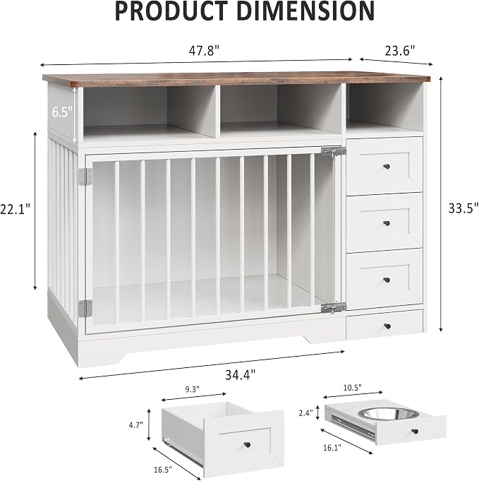 Heavy Duty Dog Crate Furniture, 48 Inch Modern Wooden Dog Kennel Indoor with Storage & 6 Drawers, Hidden Bowl, Sliding Lock End Table for Medium to Large Dogs