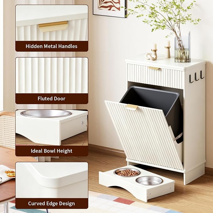 Dog Feeding Station with Storage Cabinet & 2 Elevated Bowls,Hooks,White | Flip-top Sealed Food Bin.Pull-out Bowl Drawer with Wheels.Side Hooks for Leashes + Internal Shelf for Cans.For Dogs/Cats.