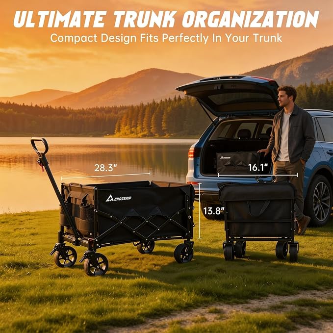 Foldable Pet Wagon Cart with Drop-Down Tailgate & Washable Pet Pad | 150L Heavy Duty Collapsible Garden Cart 330lbs Capacity, All-Terrain Wheels Utility Wagon for Camping with 2 Small Puppies