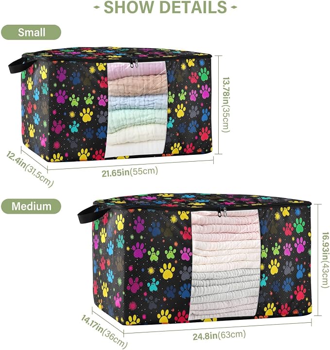 Generic Colorful Paw Prints Clothes Storage Bag Bins 2 Pack Foldable Storage Containers Large Closet Organizer with Zipper Quilt Bag for Comforters Clothing Bed Sheets 60L, g355896601p976c1037s2357