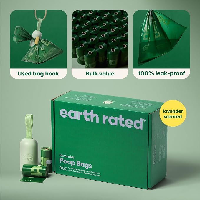 Earth Rated Dog Poop Bag Holder, Durable and Guaranteed Leakproof, Lavender Scented, 1 Dispenser and 900 Bags (Pack of 2)