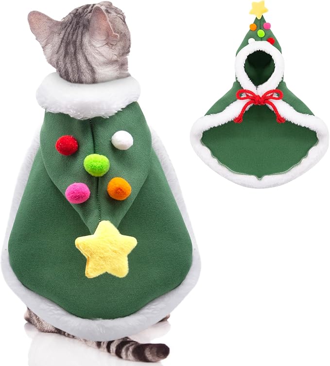 Cat Christmas Cape with Velvet Stars Hat, Small Dog Soft Thick Xmas Cloak, Pets Christmas Costume Dogs Cats Santa Claus Outfits for Goose, L