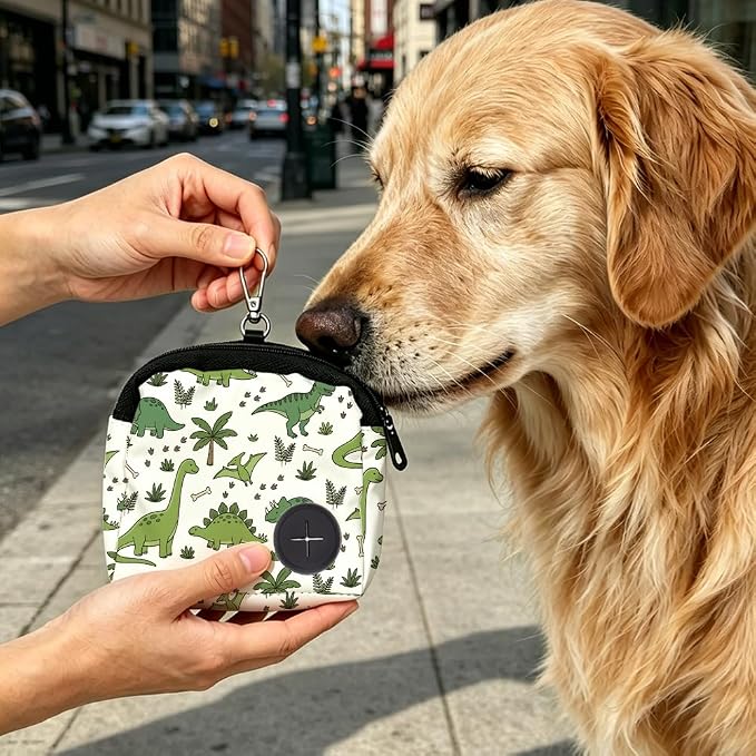 Cute Dog Treat Pouch 5.12 x 4.72 Inch Clip on Pet Treat Bag Cartoon Dinosaur Pattern Polyester Portable Snack Reward Dog Food Dispensers with 1 Roll Garbage Bags for Traveling Outdoor Use