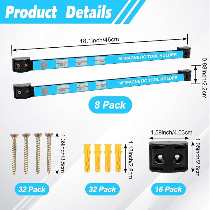 8 PCS Magnetic Tool Holder Strip,Tool Magnet Bar for Garage Organization, Heavy Duty Space Saving Tool Organizer with Mounting Screws for Garage, Workshop, Kitchen (18 inch)