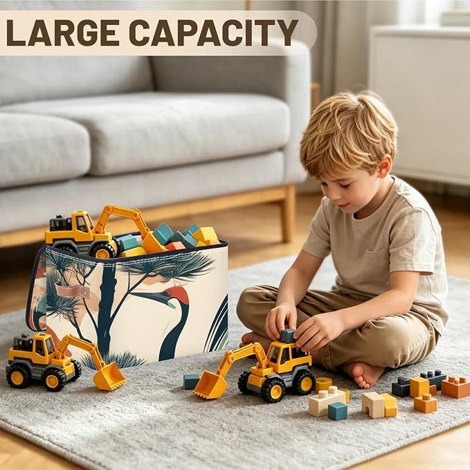 Crane Birds Foldable Storage Bin with Lid Zipper | Closet Shelf Organizer, Boxes, Basket Containers for Home, Lidded Storage Cube for Bedroom, Waterproof, with Handles