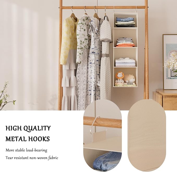Hanging Closet Organizer and Storage with Bamboo Shelves - Foldable Storage for Clothes, Towels, Accessories | Space Saving, No Assembly Needed (Beige)
