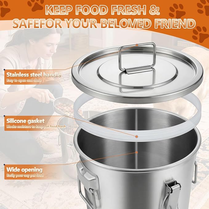 Stainless Steel Dog Food Storage Container with Lid & Scoop, Large Metal Dog Food Storage Container for Dry Pet Food, Airtight Pet Food Storage Container, Dog Food Bin for Kibble, 50LB