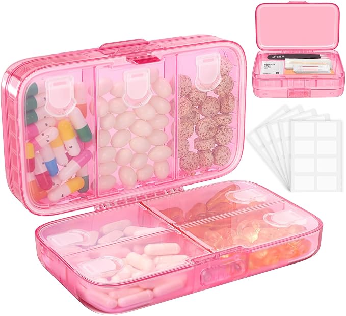 FYY Travel Pill Organizer, Large Weekly Medicine Pill Organizer-Hot Pink | Airtight Moistureproof Medicine Case, Easy to Use, 8 Compartment Pill Box for Vitamins, Fish Oil, Supplements, Mini First Aid