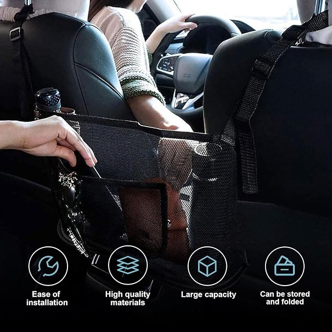Car Net Pocket Handbag Holder, Cars Purse Holder Between Front Seats, Large Capacity Auto Net Pocket Storage Bag, Rear Seat Pet and Child Barrier, Universal for Vehicle, SUV, Sedan