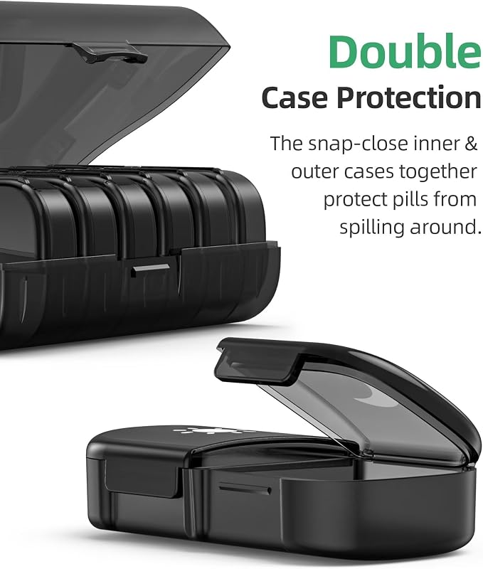 PULIV Weekly Pill Organizer 2 Times a Day, One-Side Opening for Easy to Use | Travel Pill Case for Vitamins, Medication, Supplements, Fish Oils, AM PM Pill Box, Black Privacy Protection