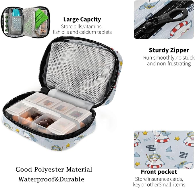 Fustylead Cute Shark Pill Organizer Travel Portable Zipper Cloth Bag for Holding Weekly Supplements Vitamins and Fish Oils