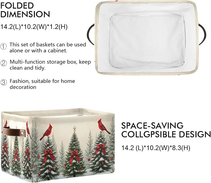 Christmas Tree Cardinals Birds Storage Basket with Waterproof Liner and PU Handles Winter Xmas Tree Bow Storage Bins Boxes 14.2" Collapsible Decorative Organizer Baskets for Bedroom Office 2 Pack