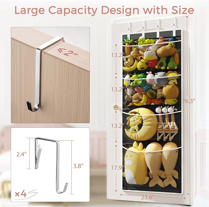 Over the Door Hanging Organizer, Extra-Large Door Storage Organizer with 4 Deep Mesh Pockets, Space-Saving Hanging Storage for Bedroom & Home Organization, Black