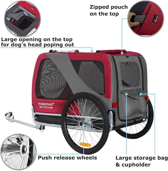 DOGGYHUT® Premium X Large Pet Bike Trailer Up to 100 lbs (Red) | Bicycle Trailer for Small Medium or Large Dogs, Dog Bicycle Carrier, Low Center of Gravity, Folding Frame Cart