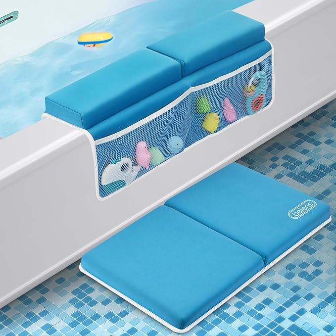 beiens Bath Kneeler and Elbow Rest Pad Set, 1.5'' Thick Quickly Dry Kneeling Pad and Elbow Support, Support Large Baby Bathtub Bath Mat Kneeling Pad with Toy Organizer for Baby Bathing Time (Blue) | Quick-dry Non-slip Bathtub Kneeling Pad with 6 Suctio...