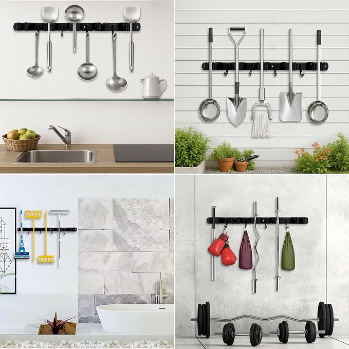 2 Packs SUS304 Heavy Duty Mop and Broom Holder Wall Mount | 5 Racks and 4 Hooks Broom Organizer Storage Tool Racks, Self Adhesive Solid Non-slip for Home Kitchen Garden Laundry Garage