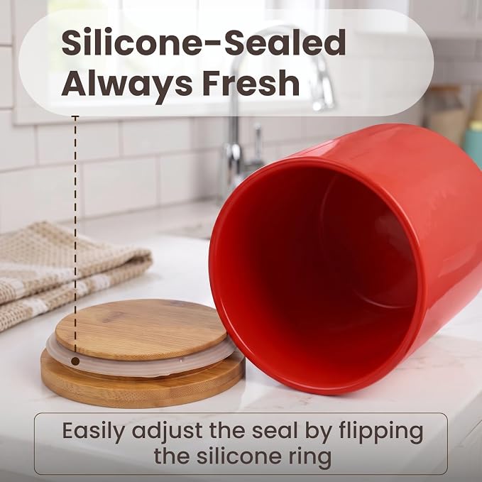 Arthausen Red Ceramic Storage Jar Canister for Flour Sugar - Airtight Bamboo Lid w/Silicone Seal, Spoon - Modern Abstract Art Design for Kitchen Counter Bathroom - 4 cup / 1080mL