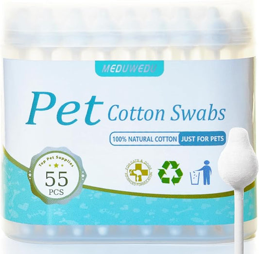 MEDUWEDU Pet Cotton Swabs, 55 Count｜Gourd-Shaped Tips｜Soft Cotton & Paper Stick｜Dog & Cat Ear Cleaner Swabs｜Safe Grooming Tool for Pets