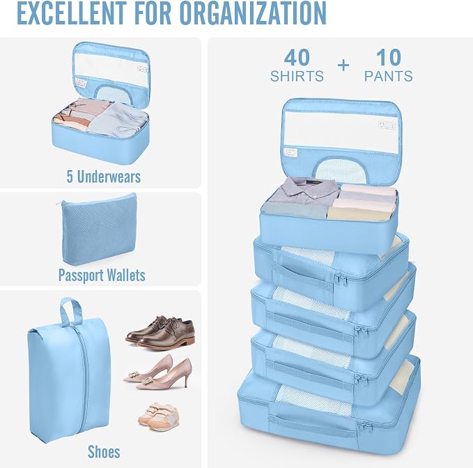 Veken 10 Set Packing Cubes for Travel Essentials, Suitcase Organizer Bags in 4 Sizes, Carry-On Luggage Accessories with Laundry Bag, Airplane Must Have with 99-Count Mesh Holes
