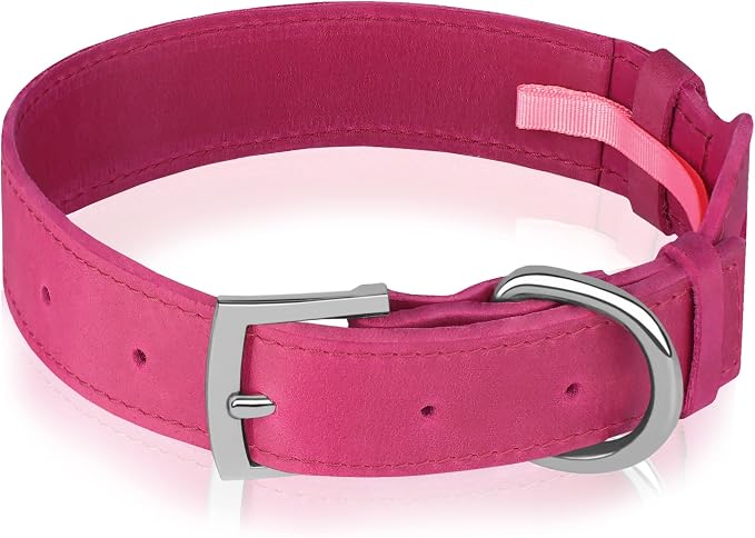 Leather Dog Collar with Airtag Holder - Apple Air Tag Dog Collars - Soft Tracking GPS Pet Collar for Small Medium Large Dogs Breed Puppy (Pink, M, 12"-15" Neck Fit)