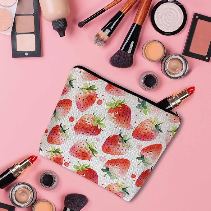 Strawberry Cosmetic Travel Bag For Toiletries, Summer Fruits Strawberry Red Makeup Bag Toiletry Bags For Women, Flax Cosmetic Bags Make Up Bag Purse Toiletries Bag Birthday Gift