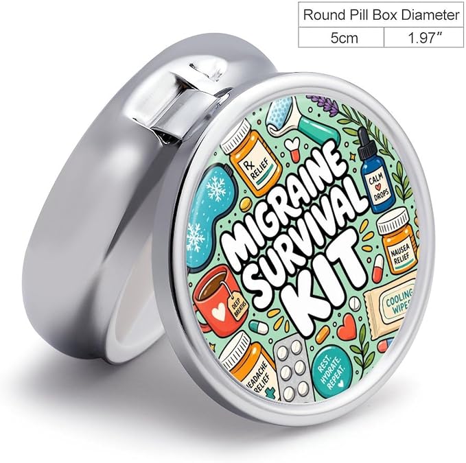 Colorful Migraine Survival Kit Illustration Round Pill Box with 3 Compartments, Portable Travel Pill Organizer with Spring Snap Closure for Vitamins Supplements Fish Oil