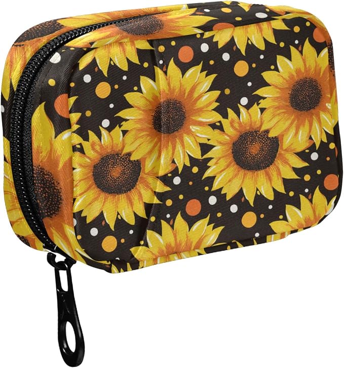 Fustylead Vibrant Yellow Sunflowers on Black Background Pill Organizer Case with Zipper 2 Times A Day for Vitamin and Supplement, 7 Day Travel Organizer Medicine Case