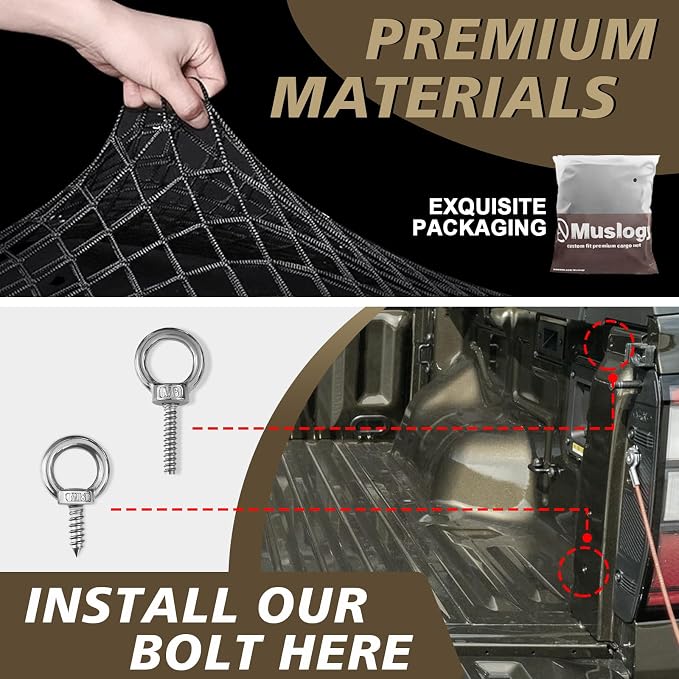 Muslogy Cargo Net for Ford Ranger 2024 2025 2026 Accessories | Custom Fit, Truck Bed Storage Organizer Net for Pickup Truck Bed Divider, Heavy Duty Carabiners, Night Visible Grab Handle