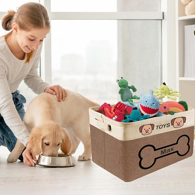 Personalized Dog Toy Storage Basket with Pet Name - Custom Collapsible Puppy Bin, Durable Fabric Toy Box for Dogs & Cats, Sturdy Handles for Home Organization