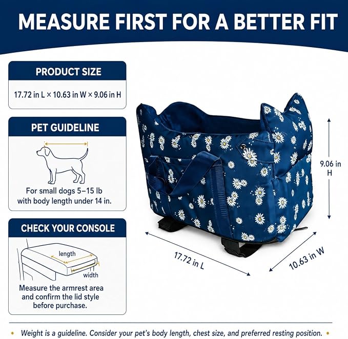 Center Console Dog Car Seat for Small Dogs 5–15 lbs | Fits Compact Cars | Chihuahua/Yorkie/Pomeranian Travel Seat