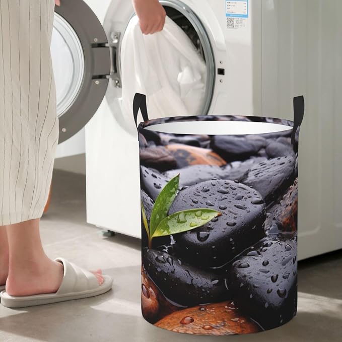 Rain Drops Over Rock print Laundry Hamper with Handle Waterproof Collapsible Organizer Baskets Circular Dirty Clothes Organizer Basket Portable Storage Bin for Bathroom Bedroom Dorm