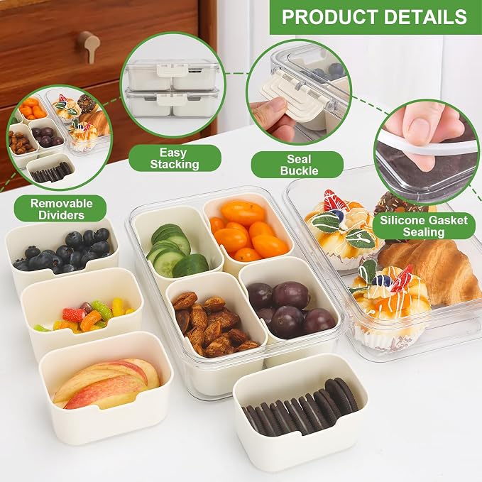 4 Compartment Snackle Box Container with Lid, Mini Divided Serving Tray | Portable Snack Platter Fruit Veggie Trays Snackele Box Containers for Charcuterie, Party, Snack, Nuts, Beach, Travel, Picnic
