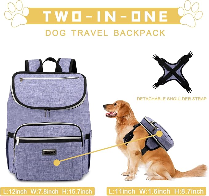 BAGLHER Travel Dog Backpack - Detachable Travel Dog Food Container for Pet Supplies Dog Gear Backpack,Dog Bag for Traveling with 2 Silicone Collapsible Bowls and 2 Food Baskets Purple