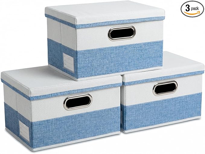 Storage Bins with Lids [3-Pack] Linen Fabric Foldable Storage Boxes Organizer Containers Baskets Cube with Cover for Bedroom Closet Office Blue&White（11.4X8.6X6.7