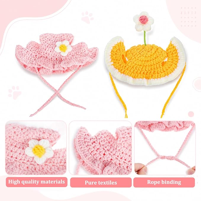 2Pcs Crochet Cat Hats Knit Cat Hat Cute Soft Flowers Hat (Pink, Yellow) | Knit Cat, With Adjustable Cord, Handmade Crochet Cats Clothes, for Puppy Kitten, for Holiday Birthday Party Costume Accessory