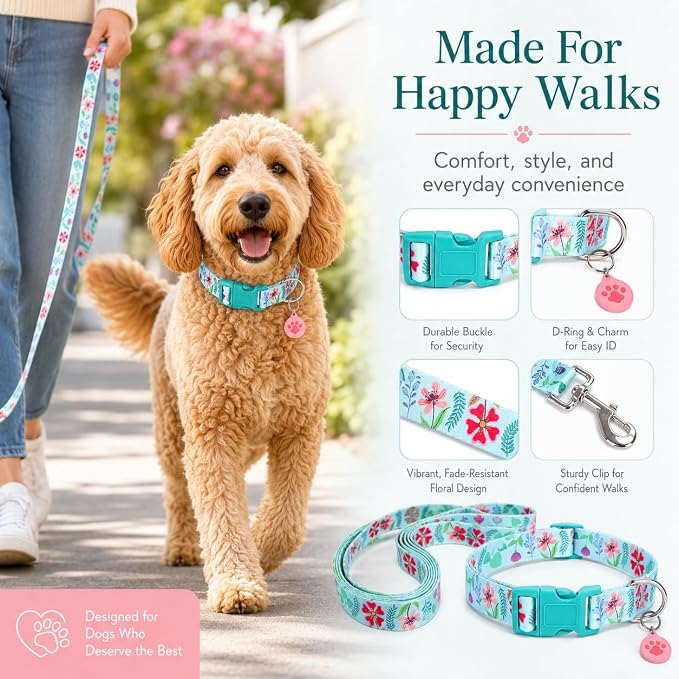 Floral Matching Dog Collar and Leash Set with AirTag Holder-Verdure Daisy/M | Anti-Lost,Adjustable Durable Pet Collar Leash Combo for Medium Boy Girl Dogs,for Outdoor Walking Hiking Training Running