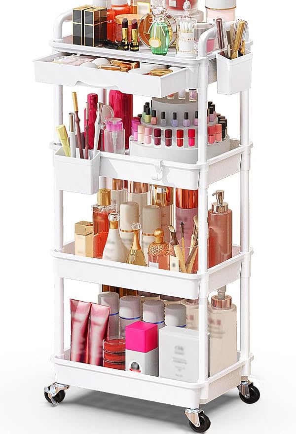 SUNALLY Makeup Cart Organizer with Drawer,4 Tier Rolling Makeup Cart, White | Rolling Vanity Storage for Skin Care Perfume Nail Polish, Floor Skincare Organizers Cosmetics Display Bathroom Storage Cart