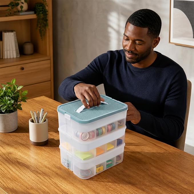 Large Stackable Storage Bins, Clear Plastic Latching Boxes with Dividers | 3-Layer Stackable Adjustable Compartments, PP and PET Material, Portable Containers w/Carry Handle for Arts & Crafts