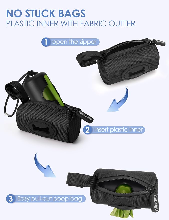 Gobeigo 2-in-1 Dog Poop Bag Holder【Easy Pull-Out Version】(Black) | Hard Plastic Insert & Soft Fabric Bag Snap-On Strap Dispenser Fits Retractable and Standard Leashes with 1 Roll Bags