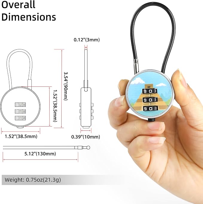 Small Lock for Luggage, Suitcase, Gym Locker, Small Combination Lock with 5.12 Inch Steel Cable Wire, Mini Combination Padlock for Backpack, Carry Bag Zipper, Purse Anti-Theft