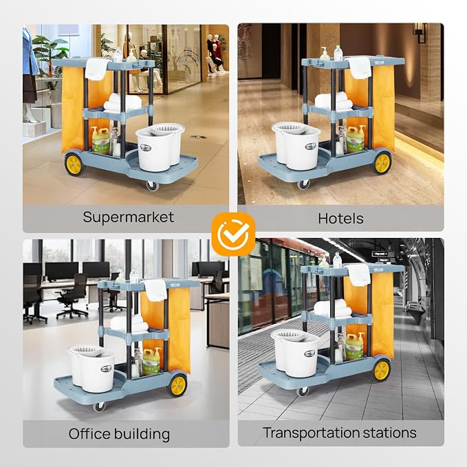 TUFFIOM Extra Large Commercial Traditional Cleaning Janitorial 3-Shelf Cart, 500 Lbs Housekeeping Cart, 42.5" L x 18.7" W x 37.6" H, Wheeled with 22 Gallon Yellow Vinyl Bag and Cover w lid, Blue