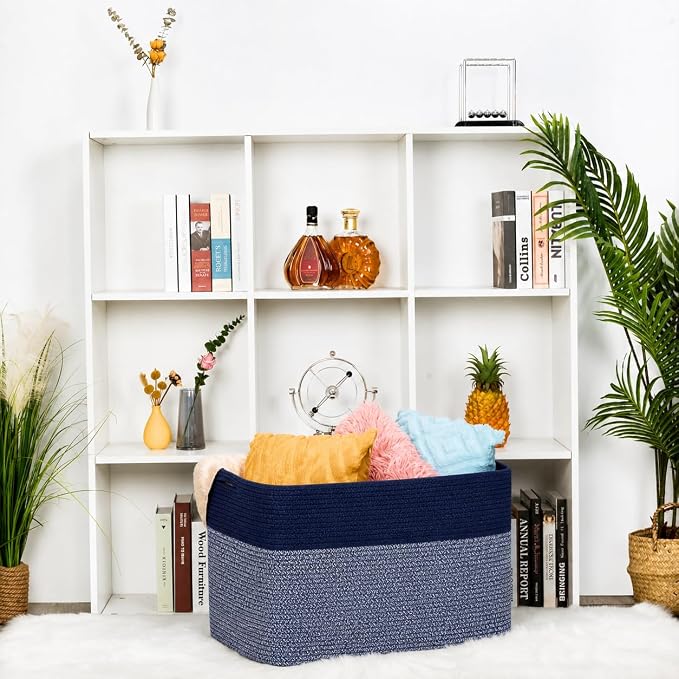 112L Extra Large Blanket Basket Holder Living Room, 25"x17"x16" Rectangle Rope Woven Storage Basket with Handles for Laundry, Towels, Shoes, Dog Toy Organizer Bin Box, Navy Blue