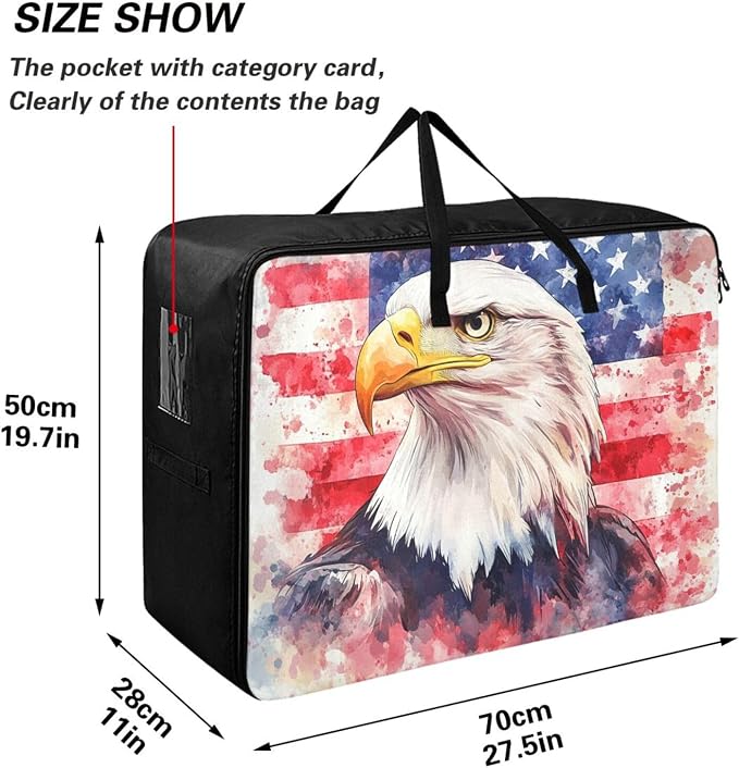 Comforter Storage Bags Large Folding Blanket Organizer Bag with Strong Handles Clear Window Closet Storage Containers for Clothes King Queen Pillows Bedding Quilt Duvet Bald Eagle Usa Flag 4th