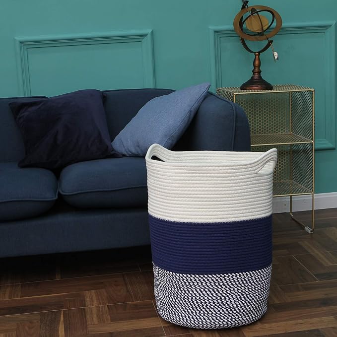 Sea Team Large Woven Cotton Rope Laundry Basket with Handles, 20 x 14 in | Collapsible Knitted Hamper, Closet Shelf Organizers, Containers for Clothing, Blankets, Toys, Bedding, Mottled Navy