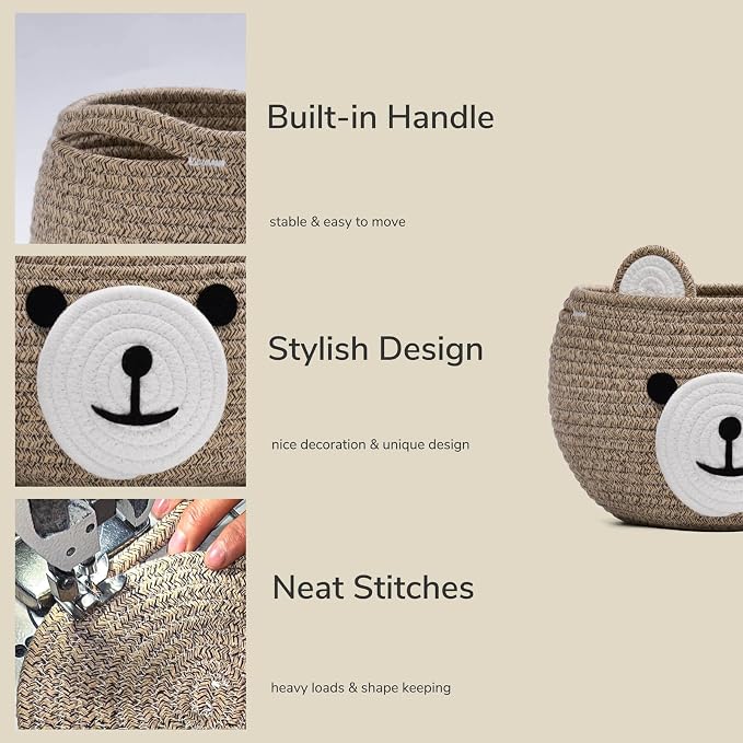 CherryNow Baby Basket for Gifts Empty, Cute Bear Design, Light Brown | 10.5" x 8.5" Baby Shower Basket for Kids Boys Newborn Storage, Toy Basket for Living Room Nursery Décor, Soft Cotton Rope
