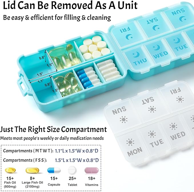 NEW Foldable & Double Protection Portable Weekly Pill Organizer 2 Times A Day with Etched Labels, AM PM 7 Day Week Medicine Box, Daily Travel Pill Case Dispenser for Vitamin, Supplement - Sky Blue